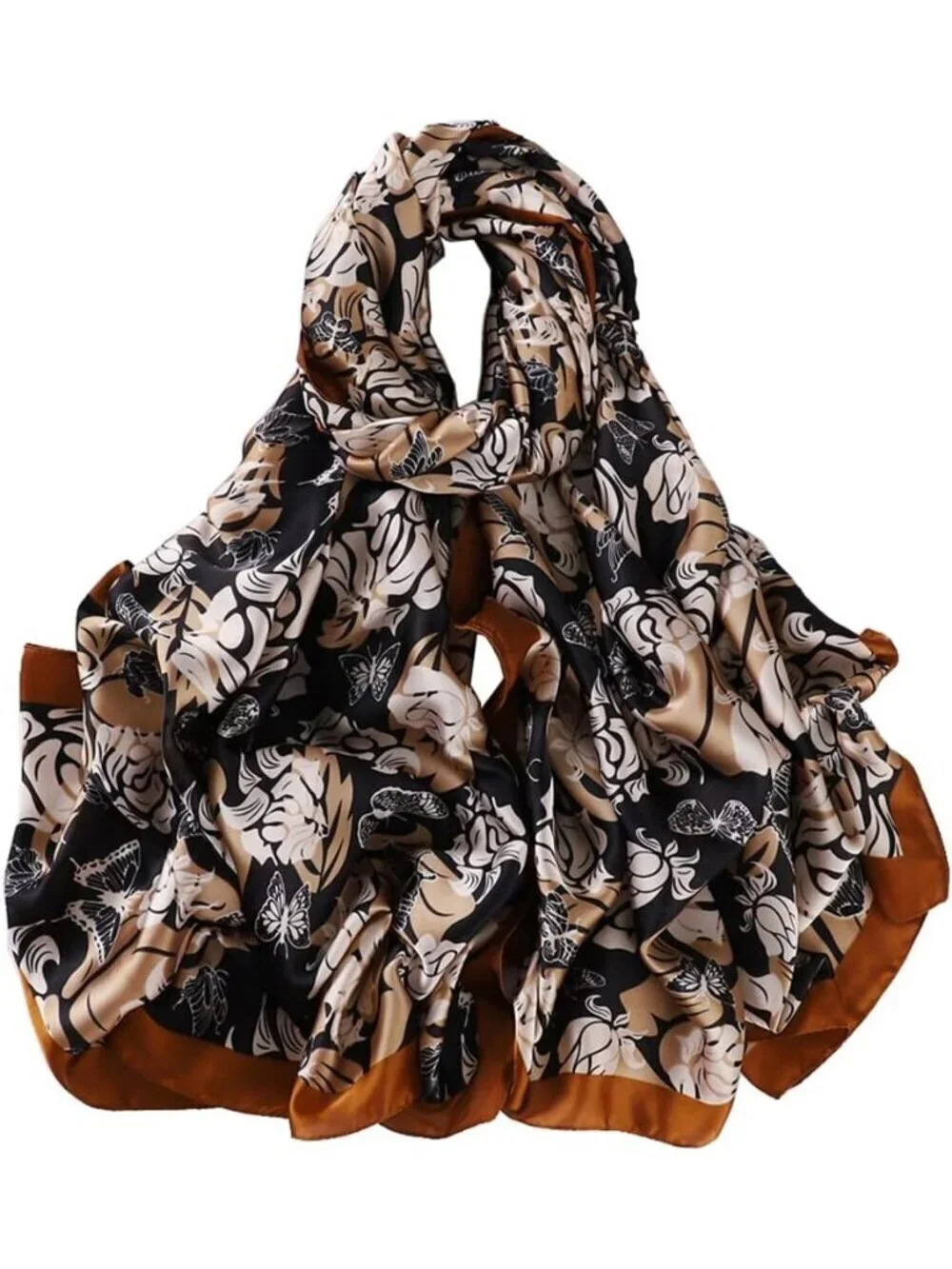 Women's White Brown Lightweight Silk Scarves Flower Print Head Cotton Wrap Scarf